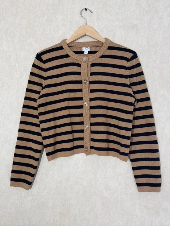 NWT J. Crew Factory Women’s Stripe Cotton Lady Cardigan Sweater in Brown Black M - Picture 4 of 10